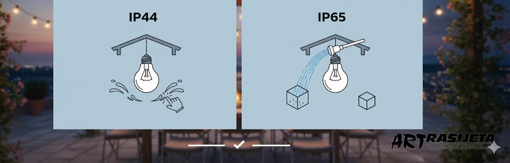 Ilustracija koja jasno prikazuje razliku između IP44 i IP65