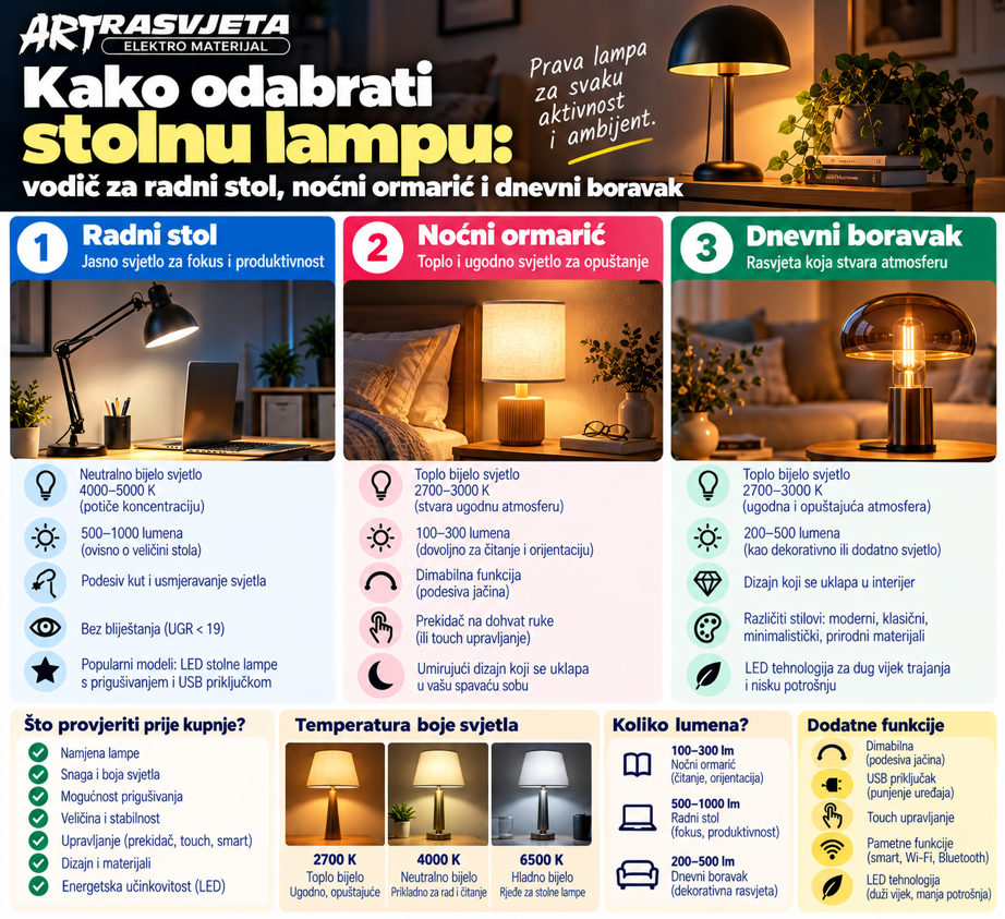 Kako odabrati stolnu lampu: vodič za radni stol, noćni ormarić i dnevni boravak