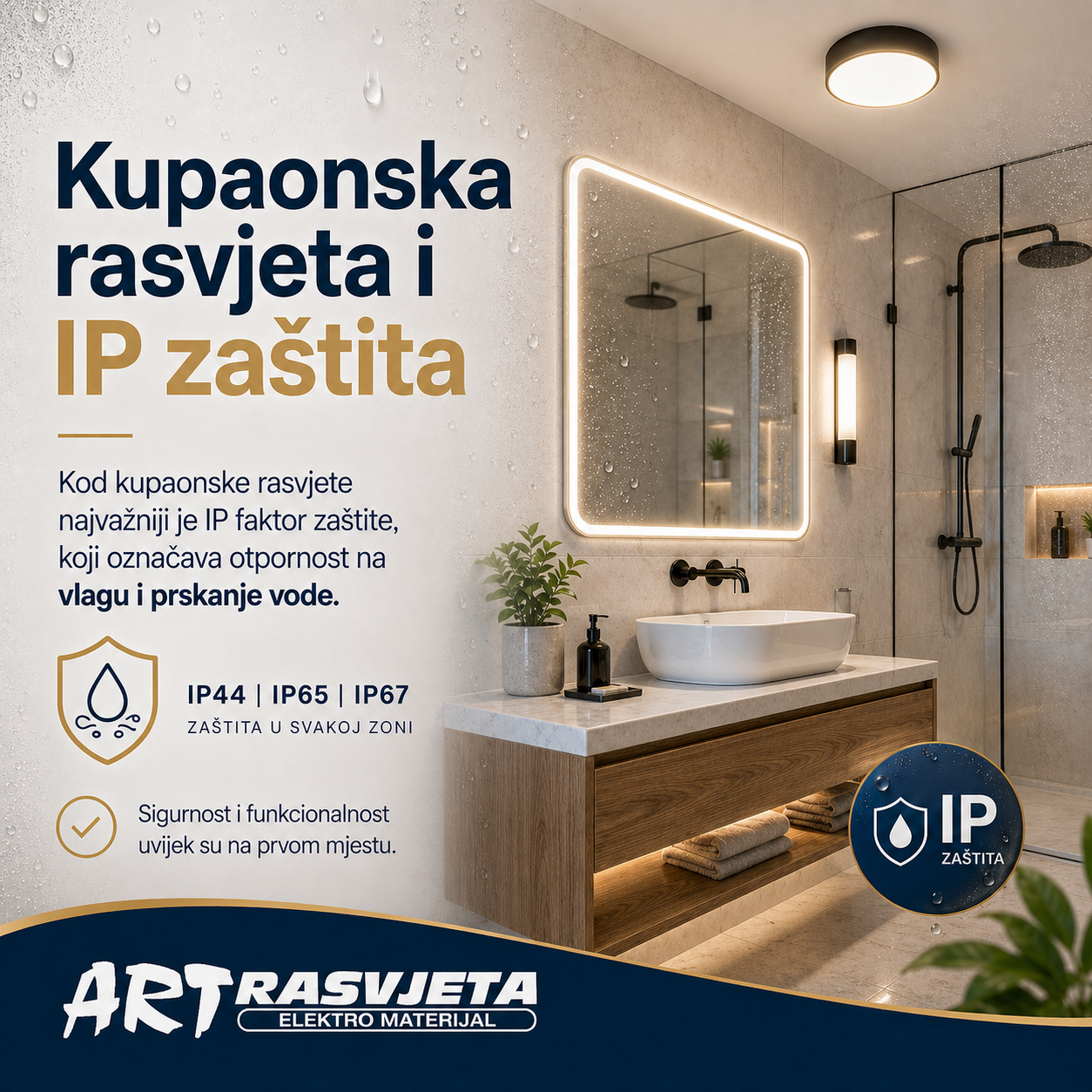 Kod kupaonske rasvjete najvažniji je IP faktor zaštite, koji označava otpornost na vlagu i prskanje vode