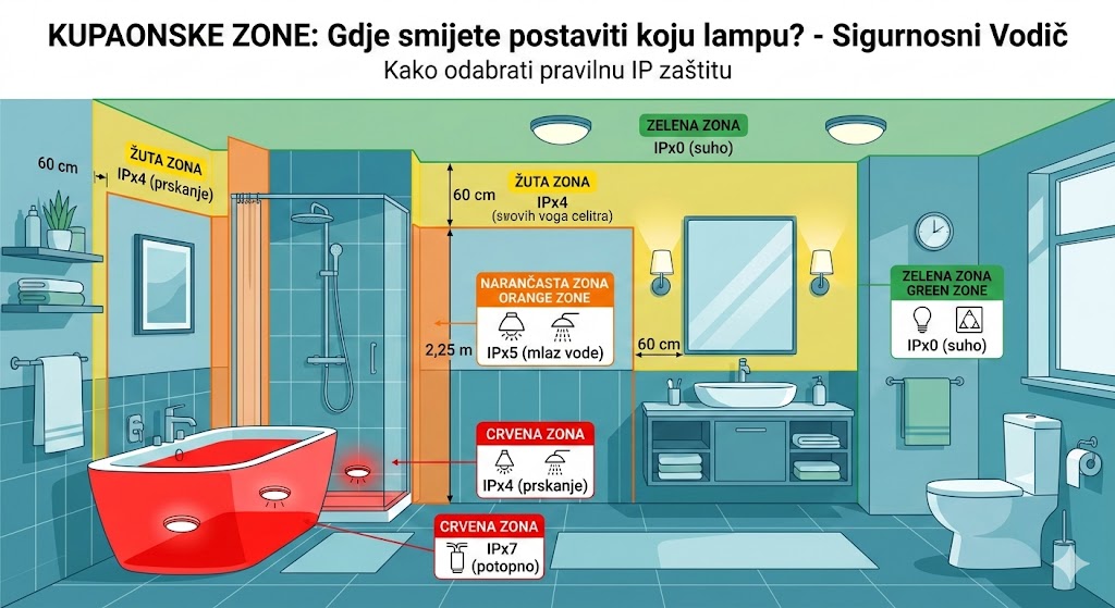 Kupaonske zone i gdje smijete postaviti koju lampu