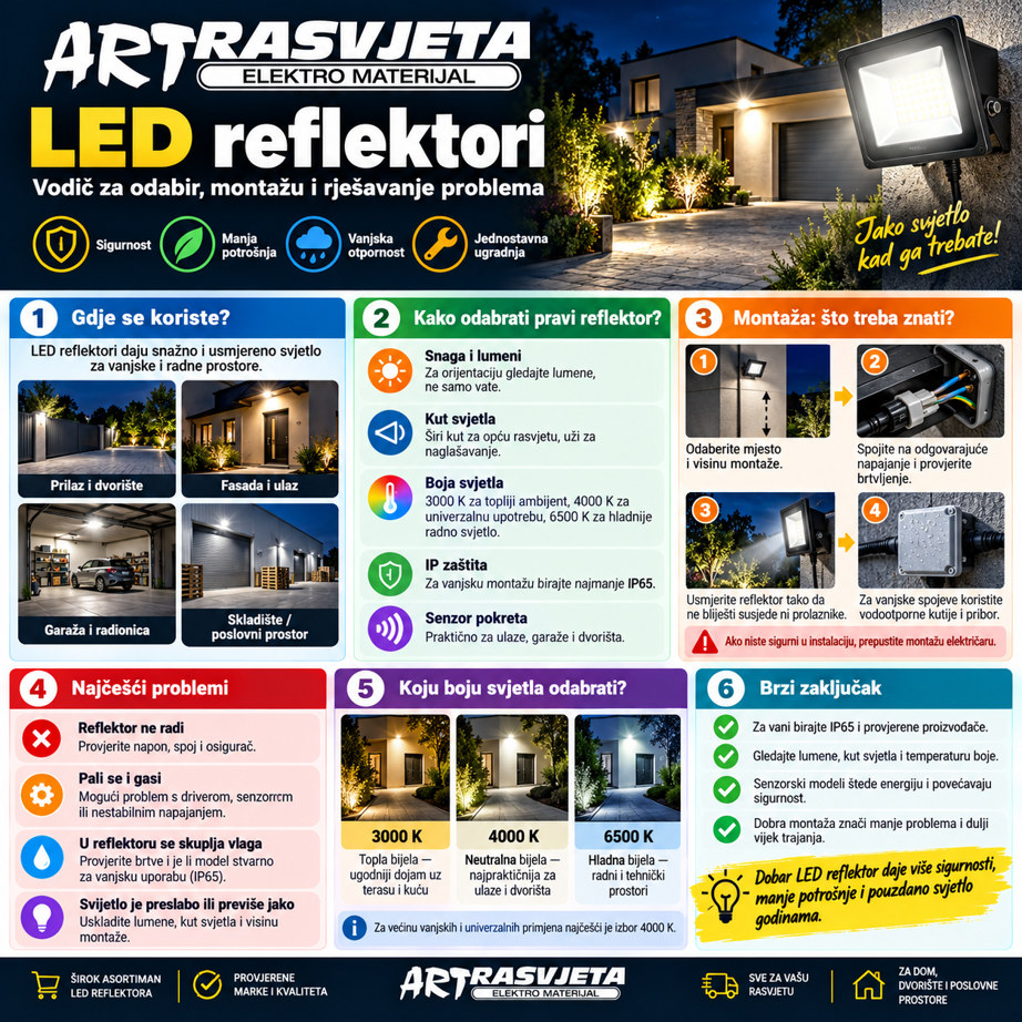 LED reflektori: vodič za odabir, montažu i rješavanje problema