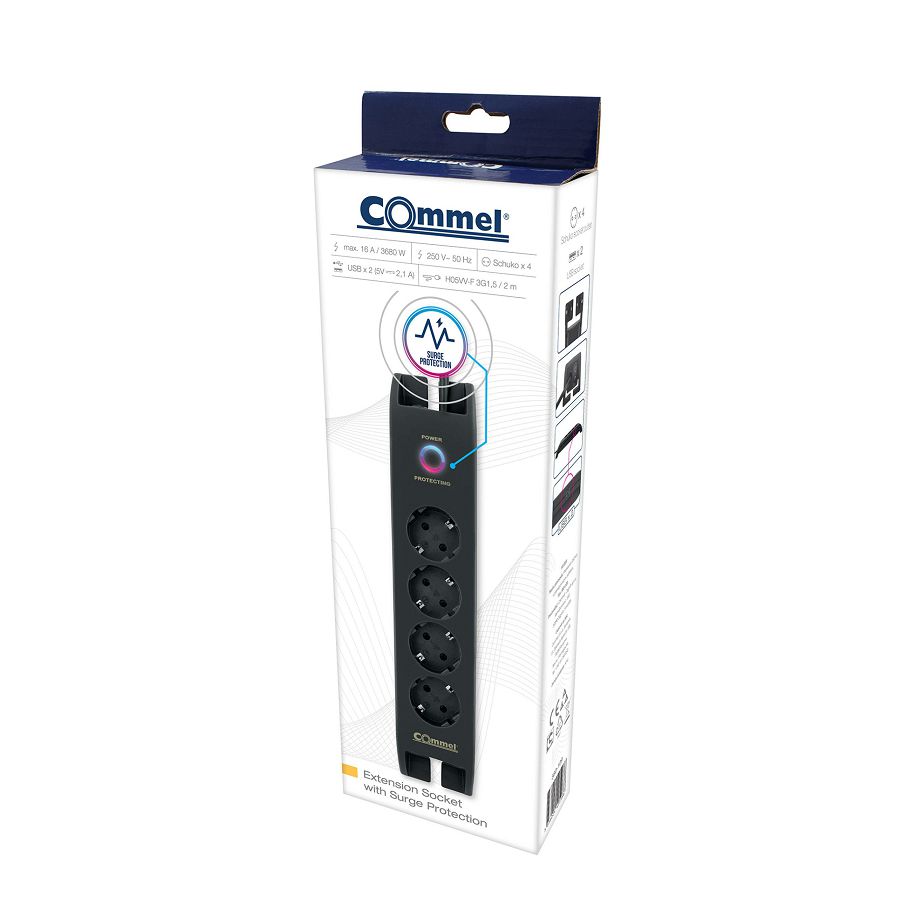 Produžni kabel Commel s USB utičnicama, crni, 2m