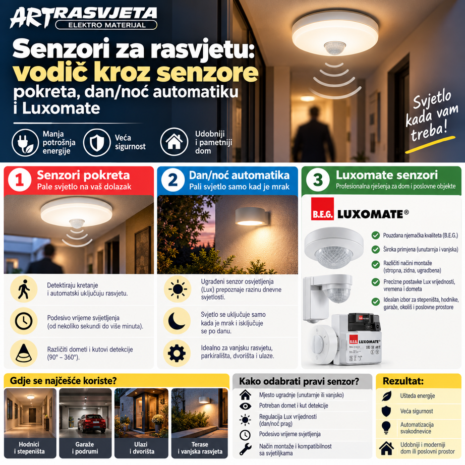 Senzori za rasvjetu: vodič kroz senzore pokreta, dan/noć automatiku i Luxomate