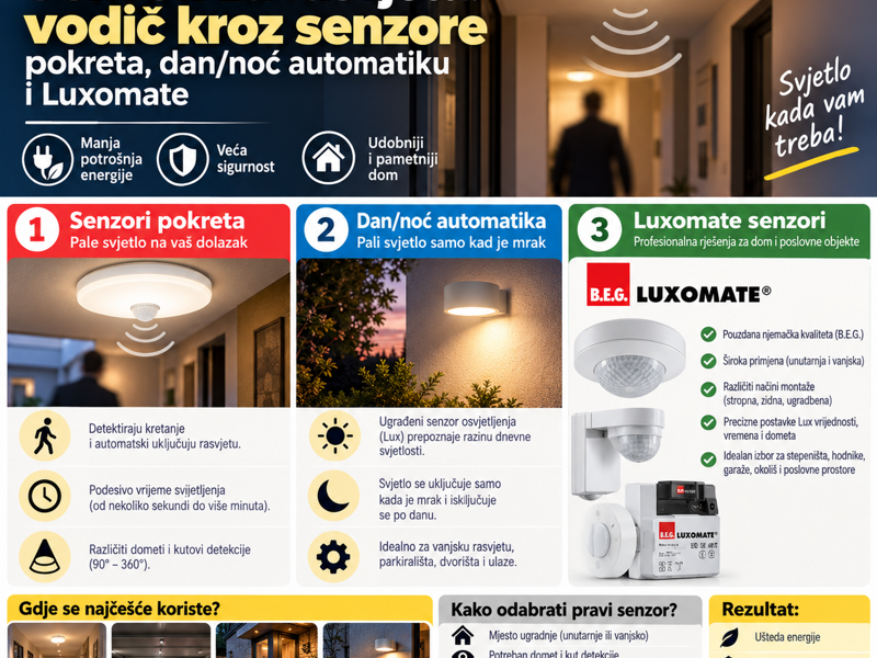 Senzori za rasvjetu: vodič kroz senzore pokreta, dan/noć automatiku i Luxomate