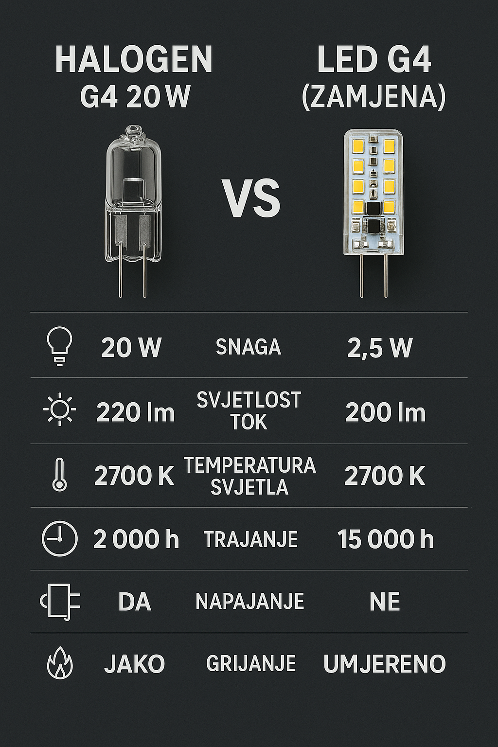Usporedba Halogen G4 vs LED G4 (W, lm, K, trajanje, grijanje)