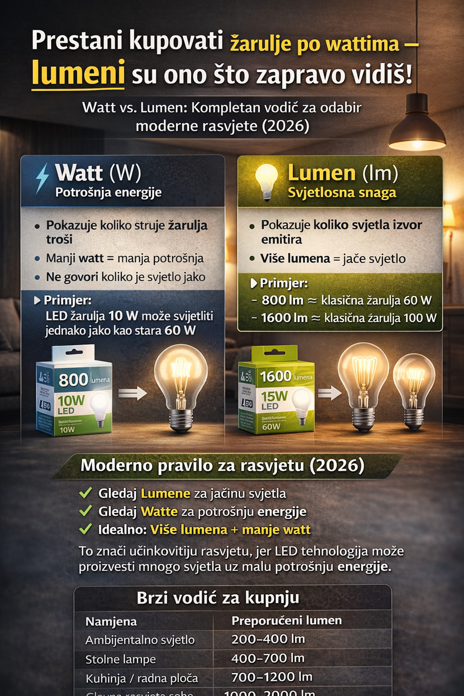 Watt vs. Lumen: Kompletan vodič za odabir moderne rasvjete (2026)