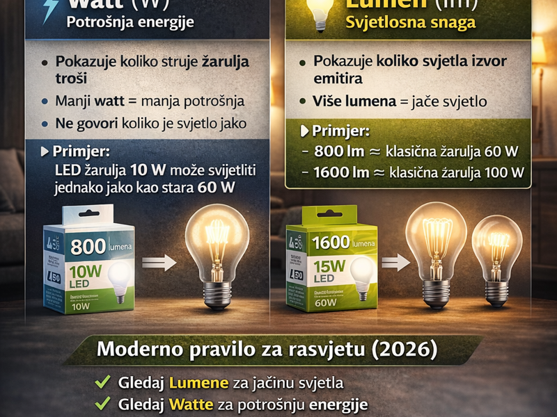 Watt vs. Lumen: Kompletan vodič za odabir moderne rasvjete (2026)